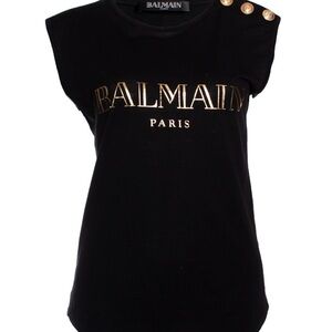 Authentic Balmain Black Muscle Tee with Gold Accents